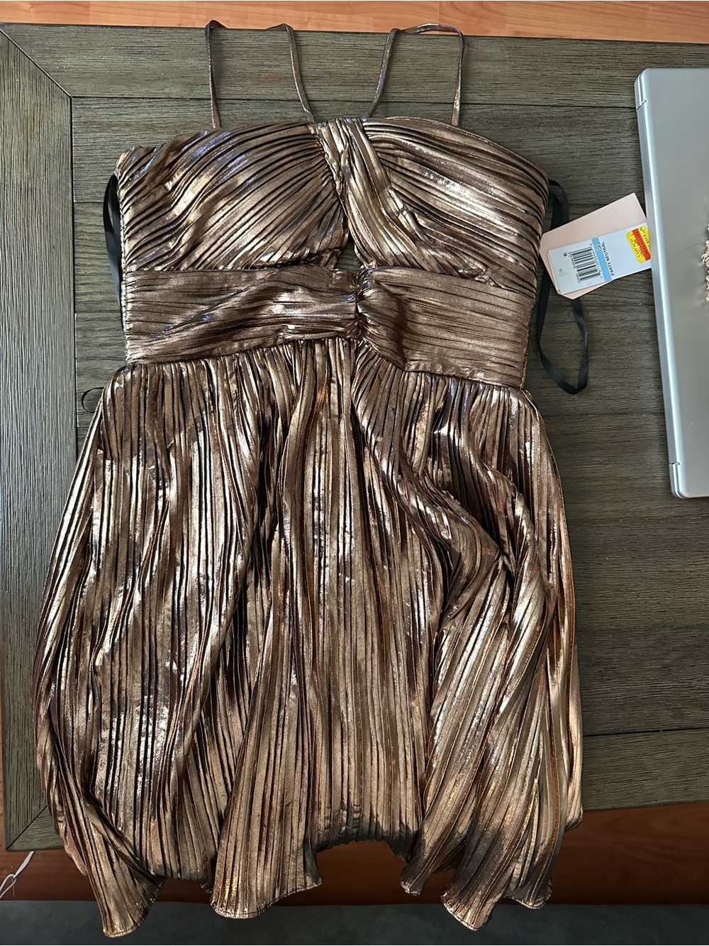 City Studio Shimmery Bronze Strapless Pleated Party Dress